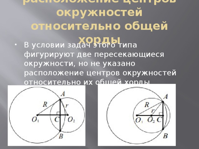 расположение центров окружностей относительно общей хорды В условии задач этого типа фигурируют две пересекающиеся окружности, но не указано расположение центров окружностей относительно их общей хорды. 