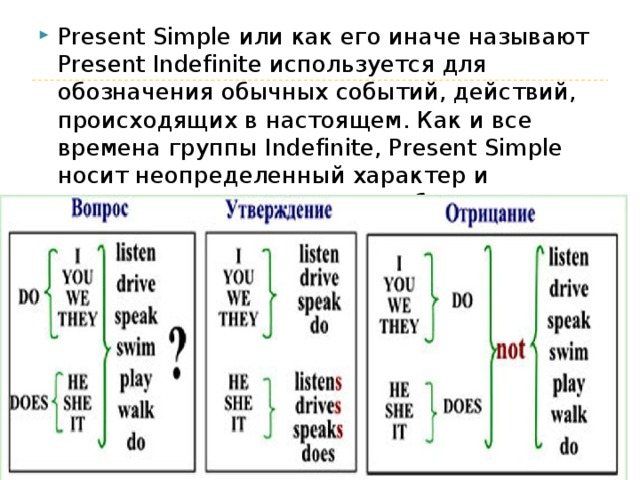 Present Simple или как его иначе называют Present Indefinite используется для обозначения обычных событий, действий, происходящих в настоящем. Как и все времена группы Indefinite, Present Simple носит неопределенный характер и указывает только на само событие.   