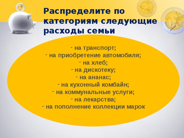 Распределите по категориям следующие расходы семьи  на транспорт;  на приобретение автомобиля;  на хлеб;  на дискотеку;  на ананас;  на кухонный комбайн;  на коммунальные услуги;  на лекарства;  на пополнение коллекции марок  