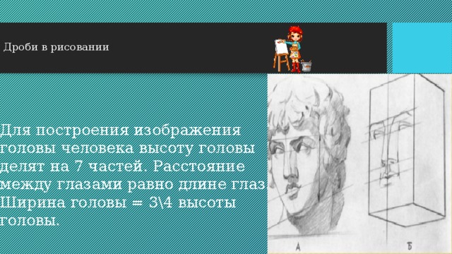   Дроби в рисовании    Для построения изображения головы человека высоту головы делят на 7 частей. Расстояние между глазами равно длине глаз. Ширина головы = 3\4 высоты головы.    