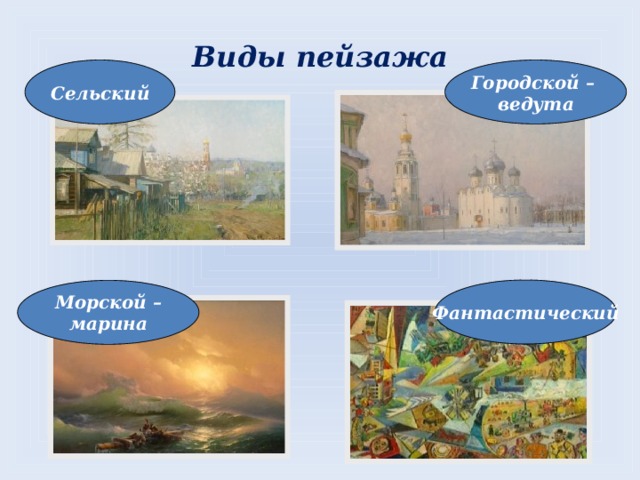 Виды пейзажа   Городской – Сельский ведута Фантастический Морской – марина 