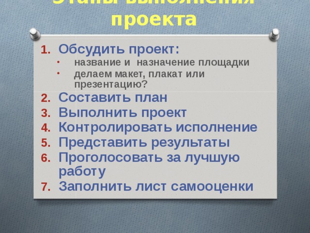 Этапы выполнения проекта Обсудить проект: название и назначение площадки делаем макет, плакат или презентацию? название и назначение площадки делаем макет, плакат или презентацию? Составить план Выполнить проект Контролировать исполнение Представить результаты Проголосовать за лучшую работу Заполнить лист самооценки  