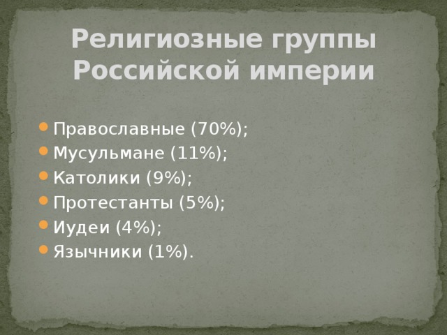 Религиозные группы  Российской империи Православные (70%); Мусульмане (11%); Католики (9%); Протестанты (5%); Иудеи (4%); Язычники (1%). 