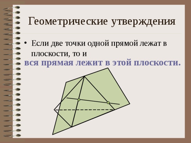 Геометрические утверждения Если две точки одной прямой лежат в плоскости, то и вся прямая лежит в этой плоскости. 5 