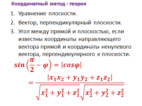 Координатный метод. Угол между прямой и плоскостью формула метод координат. Угол между прямыми координатный метод. Координатный метод формулы.