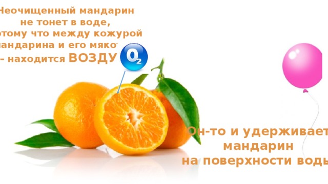 Неочищенный мандарин не тонет в воде, потому что между кожурой мандарина и его мякотью – находится ВОЗДУХ ! Он-то и удерживает мандарин на поверхности воды! 