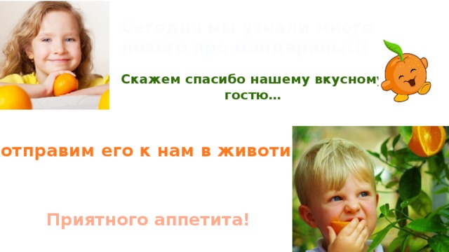 Сегодня мы узнали много нового про мандарины!!! Скажем спасибо нашему вкусному гостю… … и отправим его к нам в животик!!! Приятного аппетита! 