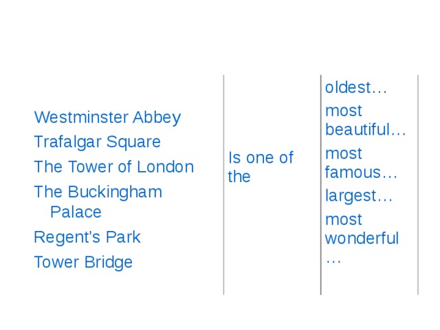 Is one of the oldest… most beautiful… most famous… largest… most wonderful… Westminster Abbey Trafalgar Square The Tower of London The Buckingham Palace Regent's Park Tower Bridge 