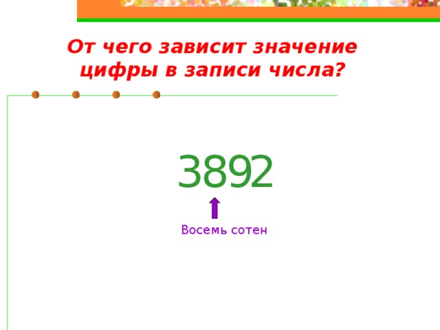 От чего зависит значение цифры в записи числа? 9 3 8 2 Восемь единиц 