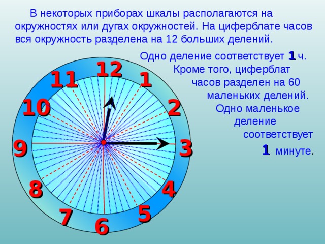  В некоторых приборах шкалы располагаются на окружностях или дугах окружностей. На циферблате часов вся окружность разделена на 12 больших делений. Одно деление соответствует 1 ч.  Кроме того, циферблат  часов разделен на 60  маленьких делений.  Одно маленькое  деление  соответствует  1 минуте . 12 11 1 10 2 3 9 Математика 6 класс. Виленкин Н.Я. Рисунки Савченко Е.М. 4 8 5 7 6 11 