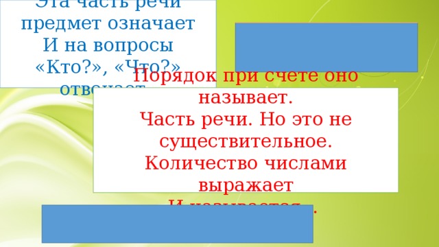 Эта часть речи предмет означает И на вопросы «Кто?», «Что?» отвечает. Имя существительное Порядок при счете оно называет. Часть речи. Но это не существительное. Количество числами выражает И называется... Имя числительное 