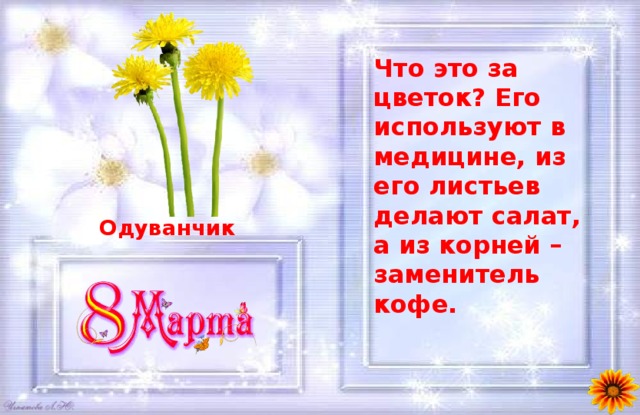 Что это за цветок? Его используют в медицине, из его листьев делают салат, а из корней – заменитель кофе. Одуванчик 