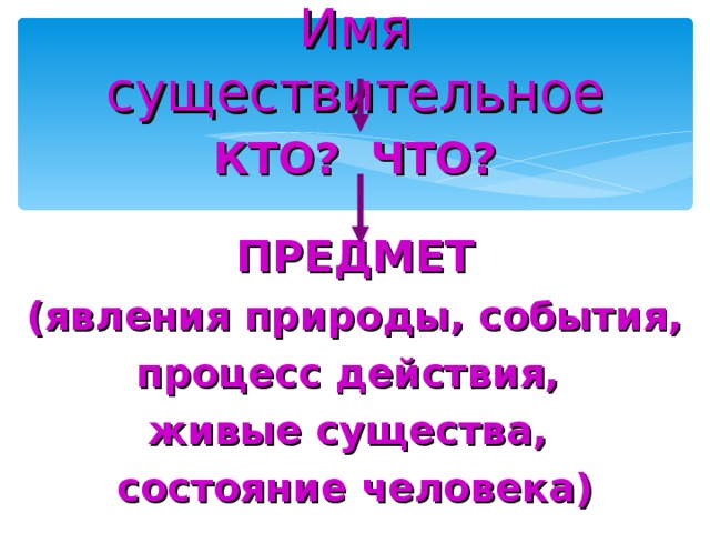 Имя существительное КТО? ЧТО? ПРЕДМЕТ (явления природы, события, процесс действия, живые существа, состояние человека) 