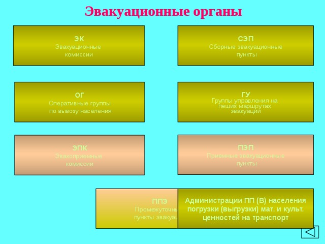 Эвакуационные органы ЭК СЭП Эвакуационные Сборные эвакуационные  пункты комиссии ОГ ГУ Группы управления на Оперативные группы  по вывозу населения пеших маршрутах эвакуации ПЭП Приемные эвакуационные  пункты ЭПК Эвакоприемные комиссии ППЭ Администрации ПП (В) населения Промежуточные погрузки (выгрузки) мат. и культ. пункты эвакуации ценностей на транспорт 