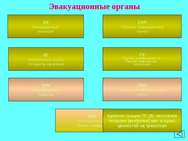 Эвакуационные органы ЭК СЭП Эвакуационные Сборные эвакуационные  пункты комиссии ОГ ГУ Группы управления на Оперативные группы  по вывозу населения пеших маршрутах эвакуации ПЭП Приемные эвакуационные  пункты ЭПК Эвакоприемные комиссии ППЭ Администрации ПП (В) населения Промежуточные погрузки (выгрузки) мат. и культ. пункты эвакуации ценностей на транспорт 