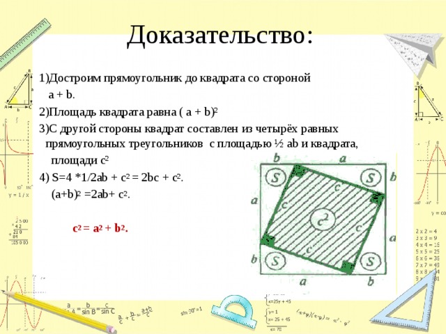 Доказательство: 1)Достроим прямоугольник до квадрата со стороной  a + b. 2)Площадь квадрата равна ( а + b)² 3)С другой стороны квадрат составлен из четырёх равных прямоугольных треугольников с площадью ½ аb и квадрата,  площади с² 4) S=4 *1/2ab + с 2 = 2bc + с 2 .  (а+b) 2 =2ab+ с 2 .  с 2 = а 2 + b 2 . 