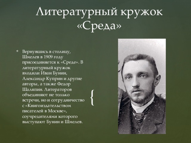 Литературный кружок «Среда» Вернувшись в столицу, Шмелев в 1909 году присоединяется к «Среде». В литературный кружок входили Иван Бунин, Александр Куприн и другие авторы, а также Федор Шаляпин. Литераторов объединяют не только встречи, но и сотрудничество с «Книгоиздательством писателей в Москве», соучредителями которого выступают Бунин и Шмелев. 