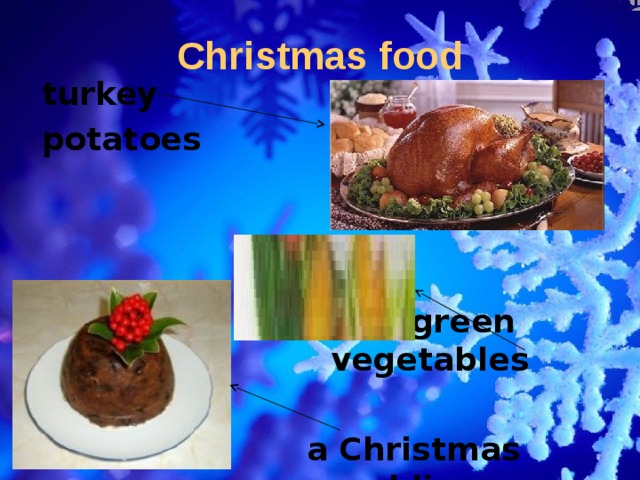 Christmas food turkey potatoes   green vegetables  a Christmas pudding 