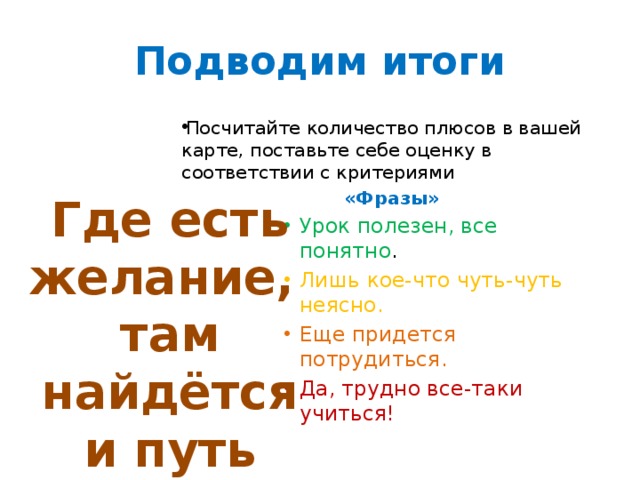 Подводим итоги Посчитайте количество плюсов в вашей карте, поставьте себе оценку в соответствии с критериями «Фразы» Урок полезен, все понятно . Лишь кое-что чуть-чуть неясно. Еще придется потрудиться. Да, трудно все-таки учиться! Где есть желание, там найдётся и путь 