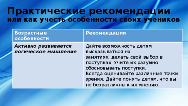 Практические рекомендации  или как учесть особенности своих учеников Возрастные особенности Рекомендации Активно развивается логическое мышление Дайте возможность детям высказываться на занятиях, делать свой выбор в поступках. Учите их разумно обосновывать поступки. Всегда оценивайте различные точки зрения. Дайте понять детям, что вы не безразличны к их мнению. 