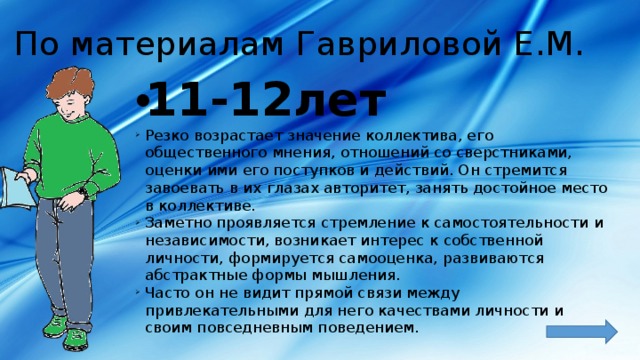 По материалам Гавриловой Е.М. 11-12лет Резко возрастает значение коллектива, его общественного мнения, отношений со сверстниками, оценки ими его поступков и действий. Он стремится завоевать в их глазах авторитет, занять достойное место в коллективе. Заметно проявляется стремление к самостоятельности и независимости, возникает интерес к собственной личности, формируется самооценка, развиваются абстрактные формы мышления. Часто он не видит прямой связи между привлекательными для него качествами личности и своим повседневным поведением. 