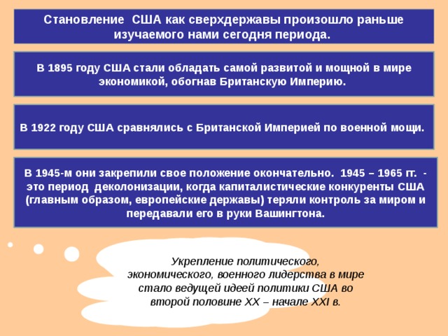 Становление США как сверхдержавы произошло раньше изучаемого нами сегодня периода. В 1895 году США стали обладать самой развитой и мощной в мире экономикой, обогнав Британскую Империю. В 1922 году США сравнялись с Британской Империей по военной мощи.  В 1945-м они закрепили свое положение окончательно. 1945 – 1965 гг. - это период деколонизации, когда капиталистические конкуренты США (главным образом, европейские державы) теряли контроль за миром и передавали его в руки Вашингтона. Укрепление политического, экономического, военного лидерства в мире стало ведущей идеей политики США во второй половине XX – начале XXI в. 