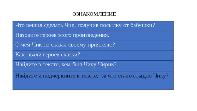 ОЗНАКОМЛЕНИЕ Что решил сделать Чик, получив посылку от бабушки? Назовите героев этого произведения. О чем Чик не сказал своему приятелю? Как звали героев сказки? Найдите в тексте, кем был Чику Чирик? Найдите и подчеркните в тексте, за что стало стыдно Чику? 