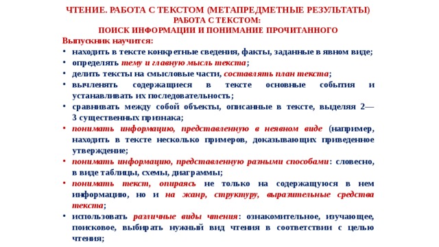 ЧТЕНИЕ. РАБОТА С ТЕКСТОМ (МЕТАПРЕДМЕТНЫЕ РЕЗУЛЬТАТЫ) РАБОТА С ТЕКСТОМ: ПОИСК ИНФОРМАЦИИ И ПОНИМАНИЕ ПРОЧИТАННОГО Выпускник научится: находить в тексте конкретные сведения, факты, заданные в явном виде; определять тему и главную мысль текста ; делить тексты на смысловые части, составлять план текста ; вычленять содержащиеся в тексте основные события и  устанавливать их последовательность; сравнивать между собой объекты, описанные в тексте, выделяя 2—3 существенных признака; понимать информацию, представленную в неявном виде (например, находить в тексте несколько примеров, доказывающих приведенное утверждение; понимать информацию, представленную разными способами : словесно, в виде таблицы, схемы, диаграммы; понимать текст, опираясь не только на содержащуюся в нем информацию, но и на жанр, структуру, выразительные средства текста ; использовать различные виды чтения : ознакомительное, изучающее, поисковое, выбирать нужный вид чтения в соответствии с целью чтения;  