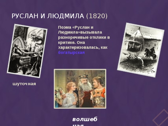 Руслан и Людмила (1820) Поэма «Руслан и Людмила»вызывала разноречивые отклики в критике. Она характеризовалась, как богатырская шуточная волшебная 