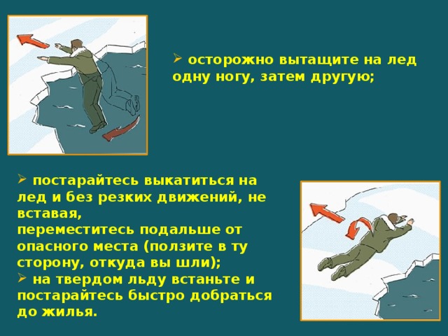  осторожно вытащите на лед одну ногу, затем другую;    постарайтесь выкатиться на лед и без резких движений, не вставая, переместитесь подальше от опасного места (ползите в ту сторону, откуда вы шли);  на твердом льду встаньте и постарайтесь быстро  добраться до жилья. 