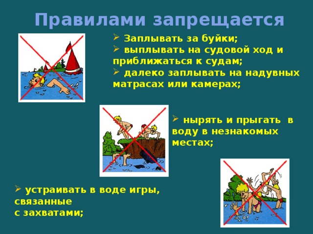 Правилами запрещается    Заплывать за буйки;  выплывать на судовой ход и приближаться к судам;  далеко заплывать на надувных матрасах или камерах;       нырять и прыгать в воду в незнакомых местах;       устраивать в воде игры, связанные с захватами;    