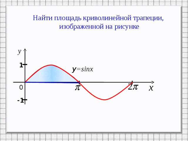 I I Найти площадь криволинейной трапеции,  изображенной на рисунке 1 y =sinx 0 -1 