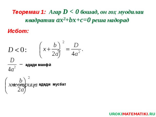 Теоремаи 1:  Агар D  бошад, он гоҳ муодилаи квадратии ax 2 +bx+c=0 реша надорад Исбот: адади манфӣ адади мусбат UROKI MATEMATIKI .RU 