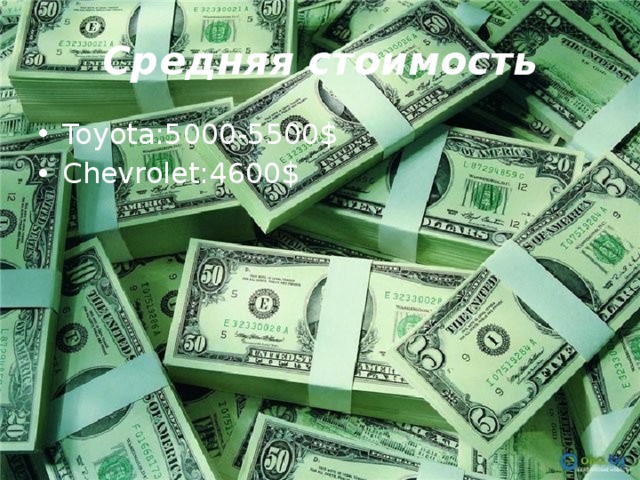 Средняя стоимость Toyota:5000-5500$ Chevrolet:4600$ 