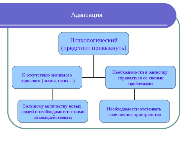 Адаптация Психологический (предстоит привыкнуть) К отсутствию значимого  взрослого ( мамы, папы…) Необходимости в одиночку справляться со своими проблемами Большому количеству новых людей и необходимости с ними  взаимодействовать Необходимости отстаивать свое личное пространство 