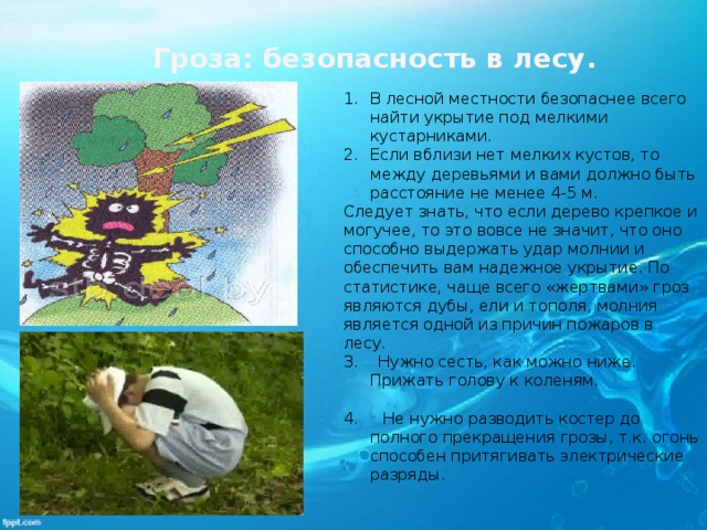 Гроза: безопасность в лесу. В лесной местности безопаснее всего найти укрытие под мелкими кустарниками. Если вблизи нет мелких кустов, то между деревьями и вами должно быть расстояние не менее 4-5 м. Следует знать, что если дерево крепкое и могучее, то это вовсе не значит, что оно способно выдержать удар молнии и обеспечить вам надежное укрытие. По статистике, чаще всего «жертвами» гроз являются дубы, ели и тополя, молния является одной из причин пожаров в лесу. 3. Нужно сесть, как можно ниже. Прижать голову к коленям.   4. Не нужно разводить костер до полного прекращения грозы, т.к. огонь способен притягивать электрические разряды.   