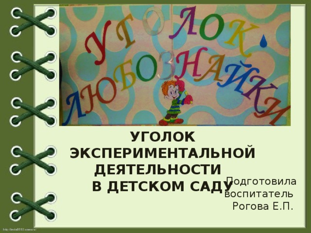 УГОЛОК ЭКСПЕРИМЕНТАЛЬНОЙ ДЕЯТЕЛЬНОСТИ В ДЕТСКОМ САДУ Подготовила воспитатель Рогова Е.П. 