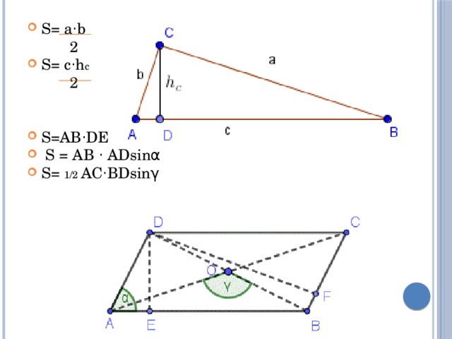 S= a⋅b  2 S= c⋅h с  2 S=AB⋅DE=BC⋅DF  S = AB ⋅ ADsinα S= 1/2 AC⋅BDsinγ 