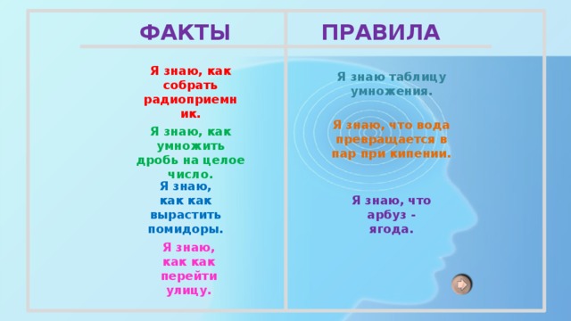 ФАКТЫ ПРАВИЛА Я знаю, как собрать радиоприемник. Я знаю таблицу умножения. Я знаю, что вода превращается в пар при кипении. Я знаю, как умножить дробь на целое число. Я знаю, как как вырастить помидоры.  Я знаю, что арбуз - ягода. Я знаю, как как перейти улицу. 