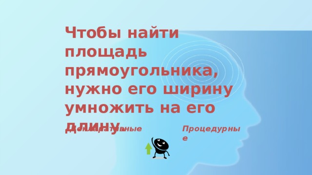 Чтобы найти площадь прямоугольника, нужно его ширину умножить на его длину. Декларативные Процедурные 