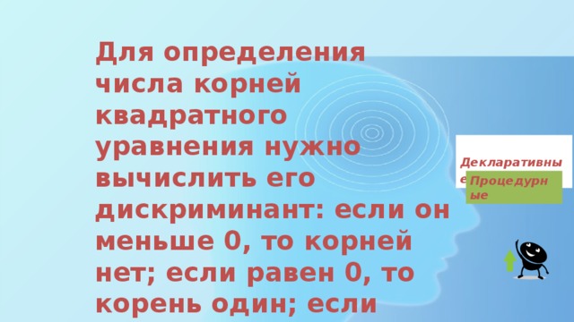 Для определения числа корней квадратного уравнения нужно вычислить его дискриминант: если он меньше 0, то корней нет; если равен 0, то корень один; если больше 0, то корней два.  Декларативные  Процедурные 