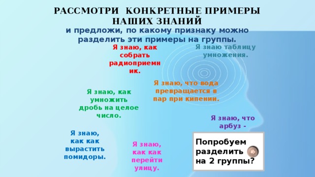 Рассмотри конкретные примеры наших знаний и предложи, по какому признаку можно разделить эти примеры на группы. Я знаю таблицу умножения. Я знаю, как собрать радиоприемник. Я знаю, что вода превращается в пар при кипении. Я знаю, как умножить дробь на целое число. Я знаю, что арбуз - ягода. Я знаю, как как вырастить помидоры.   Попробуем разделить на 2 группы?  Я знаю, как как перейти улицу. 