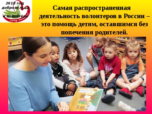 2018 год  добровольца  и волонтёра Самая распространенная деятельность волонтеров в России – это помощь детям, оставшимся без попечения родителей. 