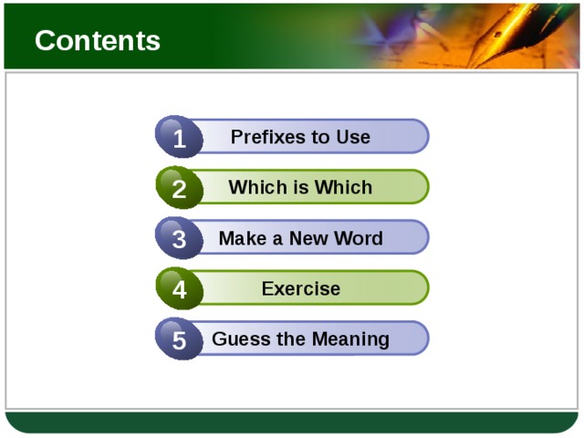 Contents 1 Prefixes to Use 2 Which is Which 3 Make a New Word 4 Exercise 5 Guess the Meaning 