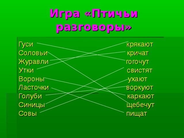 Игра «Птичьи разговоры» Гуси крякают Соловьи кричат Журавли гогочут Утки свистят Вороны ухают Ласточки воркуют Голуби каркают Синицы щебечут Совы пищат