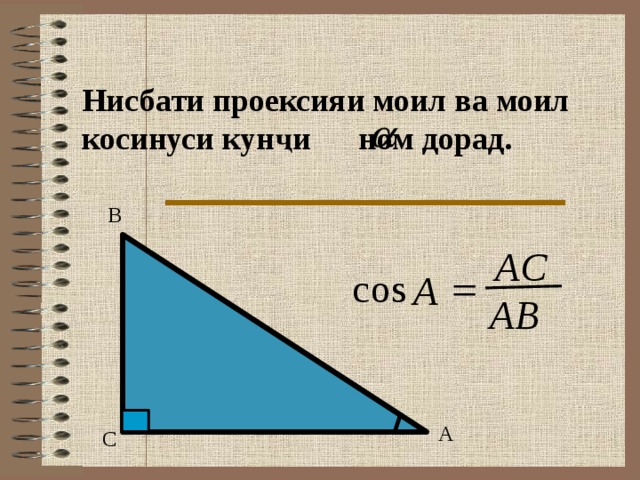 Нисбати проексияи моил ва моил косинуси кунҷи ном дорад. В AC = cos A AB А С 