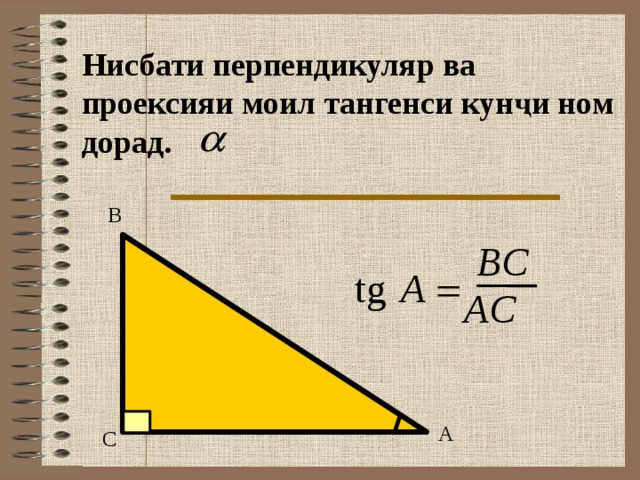 Нисбати перпендикуляр ва проексияи моил тангенси кунҷи ном дорад. В BC tg A = AC А С 