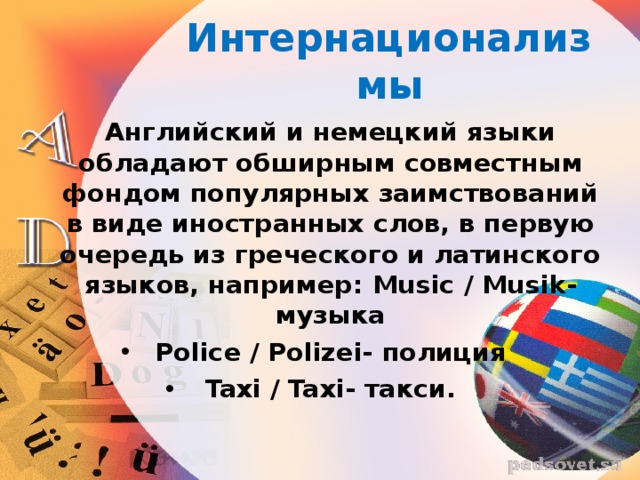 Интернационализмы  Английский и немецкий языки обладают обширным совместным фондом популярных заимствований в виде иностранных слов, в первую очередь из греческого и латинского языков, например: Music / Musik - музыка Police / Polizei- полиция Taxi / Taxi- такси.  