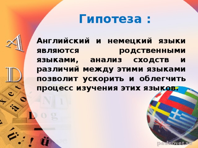 Гипотеза :  Английский и немецкий языки являются родственными языками, анализ сходств и различий между этими языками позволит ускорить и облегчить процесс изучения этих языков. 