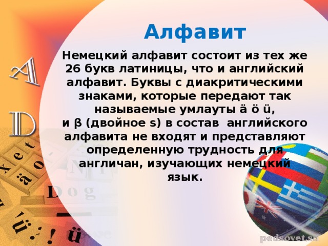 Алфавит   Немецкий алфавит состоит из тех же 26 букв латиницы, что и английский алфавит. Буквы с диакритическими знаками, которые передают так называемые умлауты ä ö ü, и β (двойное s) в состав английского алфавита не входят и представляют определенную трудность для англичан, изучающих немецкий язык.  